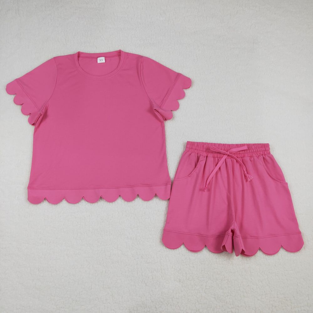 GSSO3204 adult women HOT PINK solid Print Short sleeve girl scallop outfits