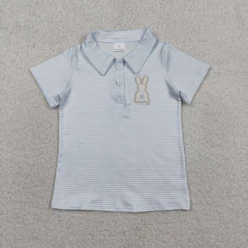 BT1708  RTS Blue stripe easter bunny Embroidery short sleeve boy t-shirt