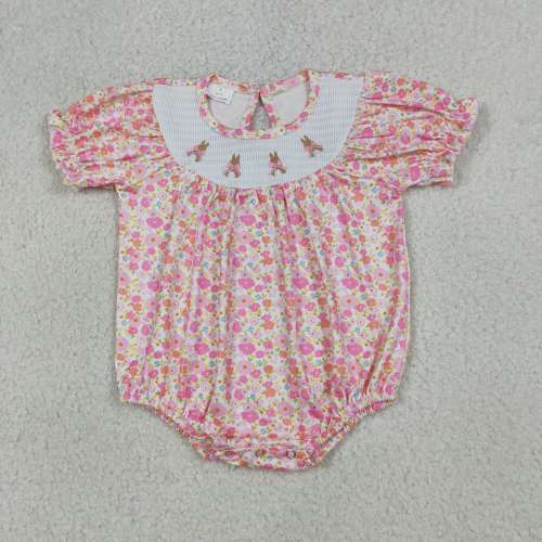 SR3785 RTS Girl Pink  flowers easter bunny smock ruffle sleeve baby romper