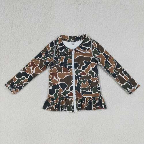 GT1315 Brown camo zipper girl long sleeve yoga pullover