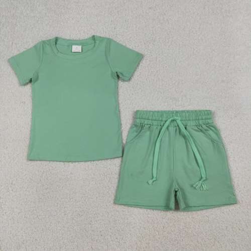BSSO1886 RTS Green solid  print  short sleeve boy outfits