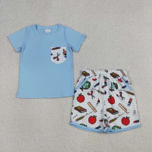 BSSO1921 RTS blue pencil apple print  short sleeve boy back to school outfits
