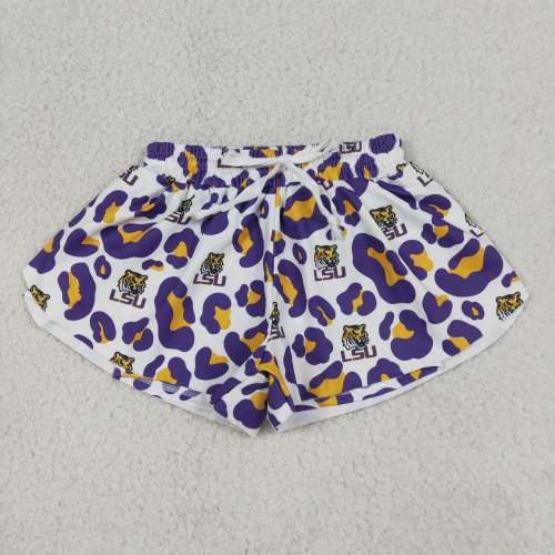 SS0821 Purple yellow leopard LSU team prints girl yoga shorts