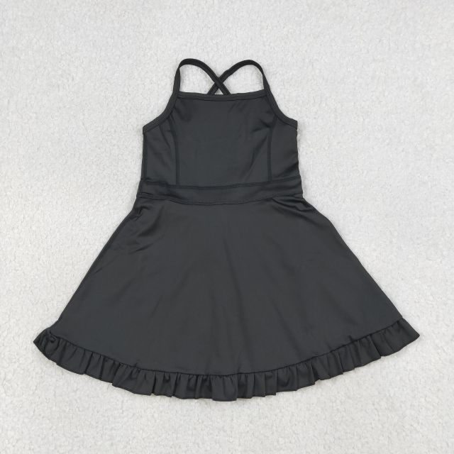 S0552  RTS Black solid print active girl yoga dress