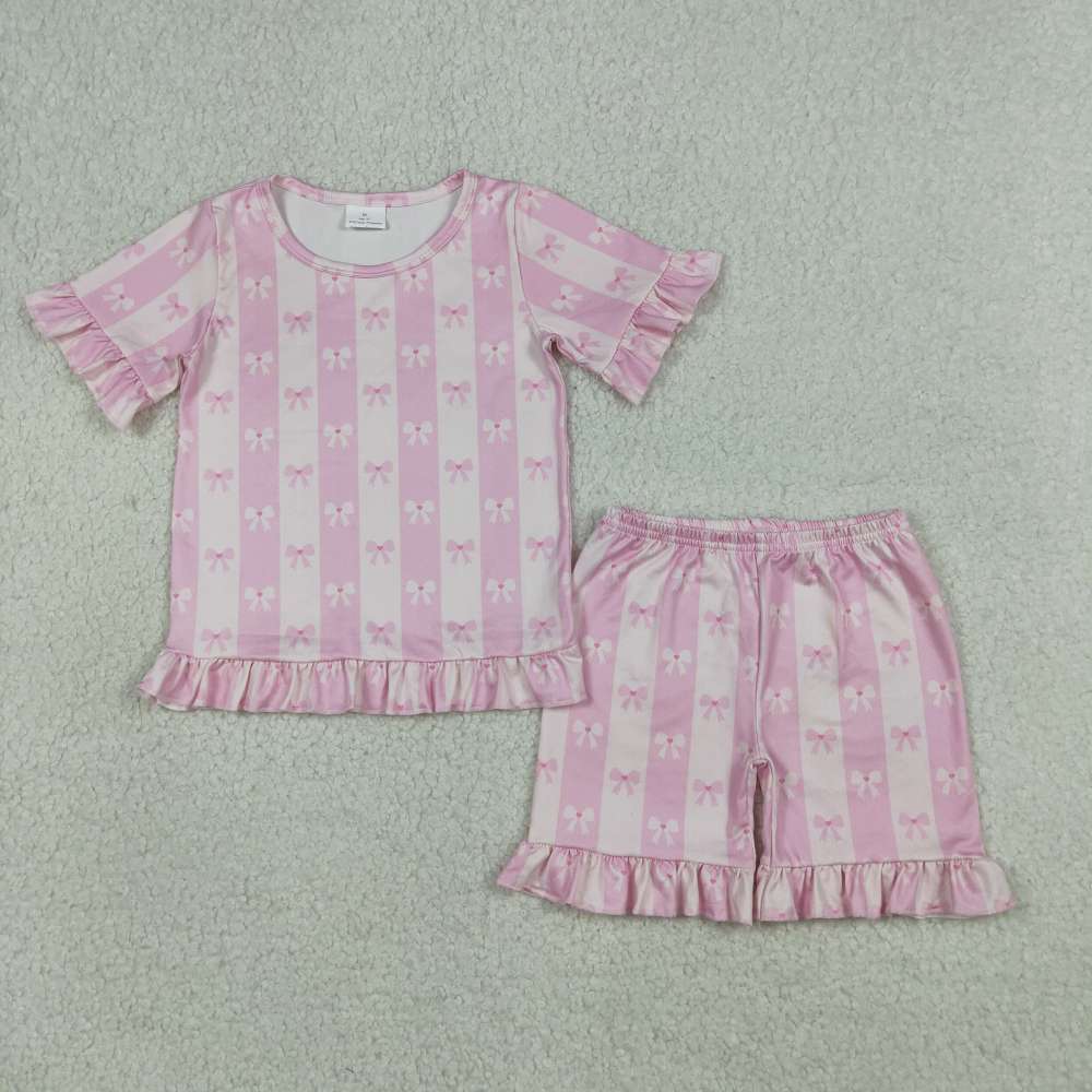 GSSO3341 Pink bows stripe Print sleeveless girl outfits