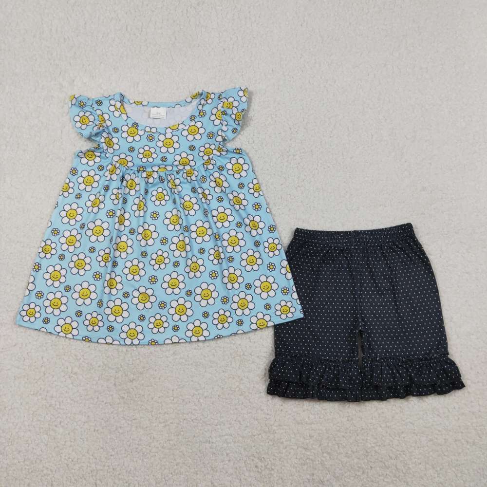 GSS3749 SMALL flowers leaves BLUE Print Flying sleeve girl outfits