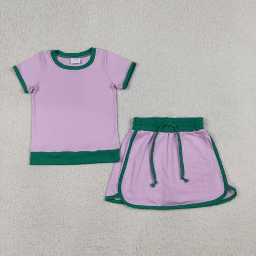 GSD3672  RTS Purple green solid print  Top girl stripe cotton short sleeve skirt set