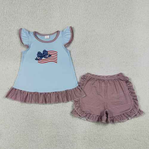 GSSO3278 4th of july flag  embroidery ruffle sleeve girl outfits