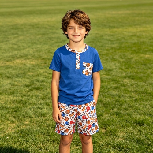 BSSO1922 RTS Blue baseball bat glove print  short sleeve boy outfits