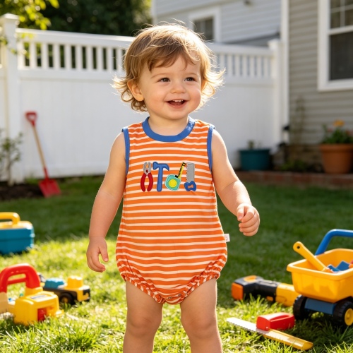 SR3943  Baby Orange stripe tool embroidery print girl sleeveless Rompers