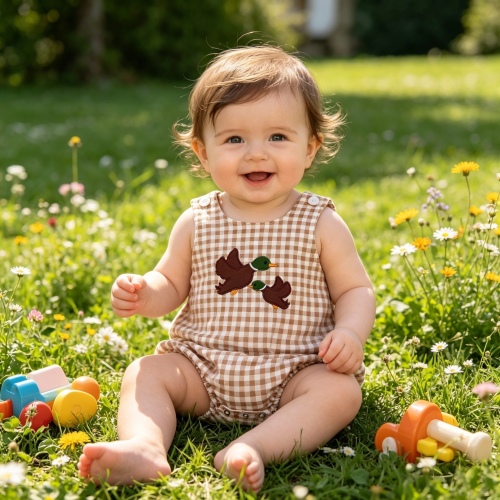 SR3958  Baby Brown plaid  duck embroidery print  sleeveless Rompers
