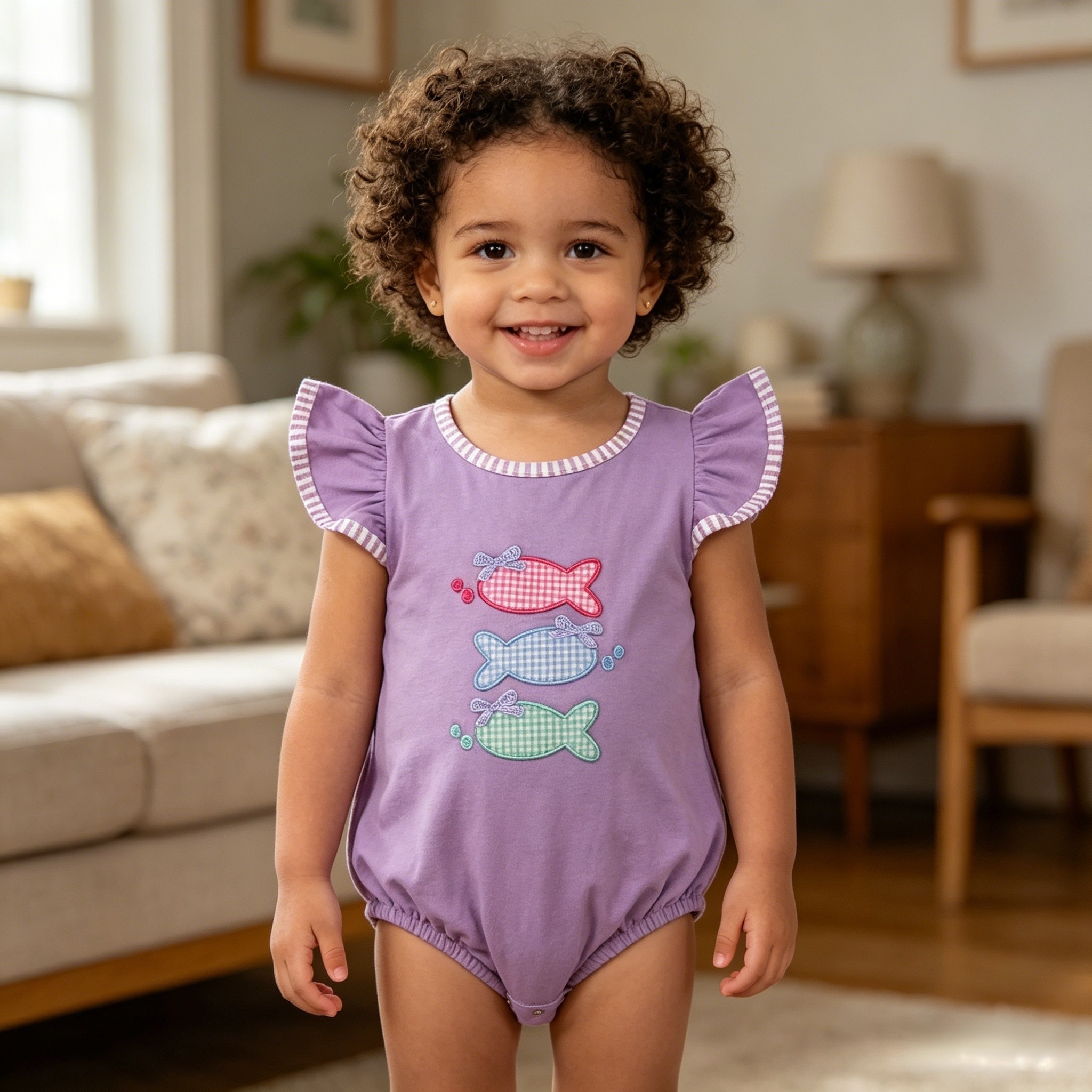 SR4006   Baby Girls Purple fishes applique short sleeve Rompers