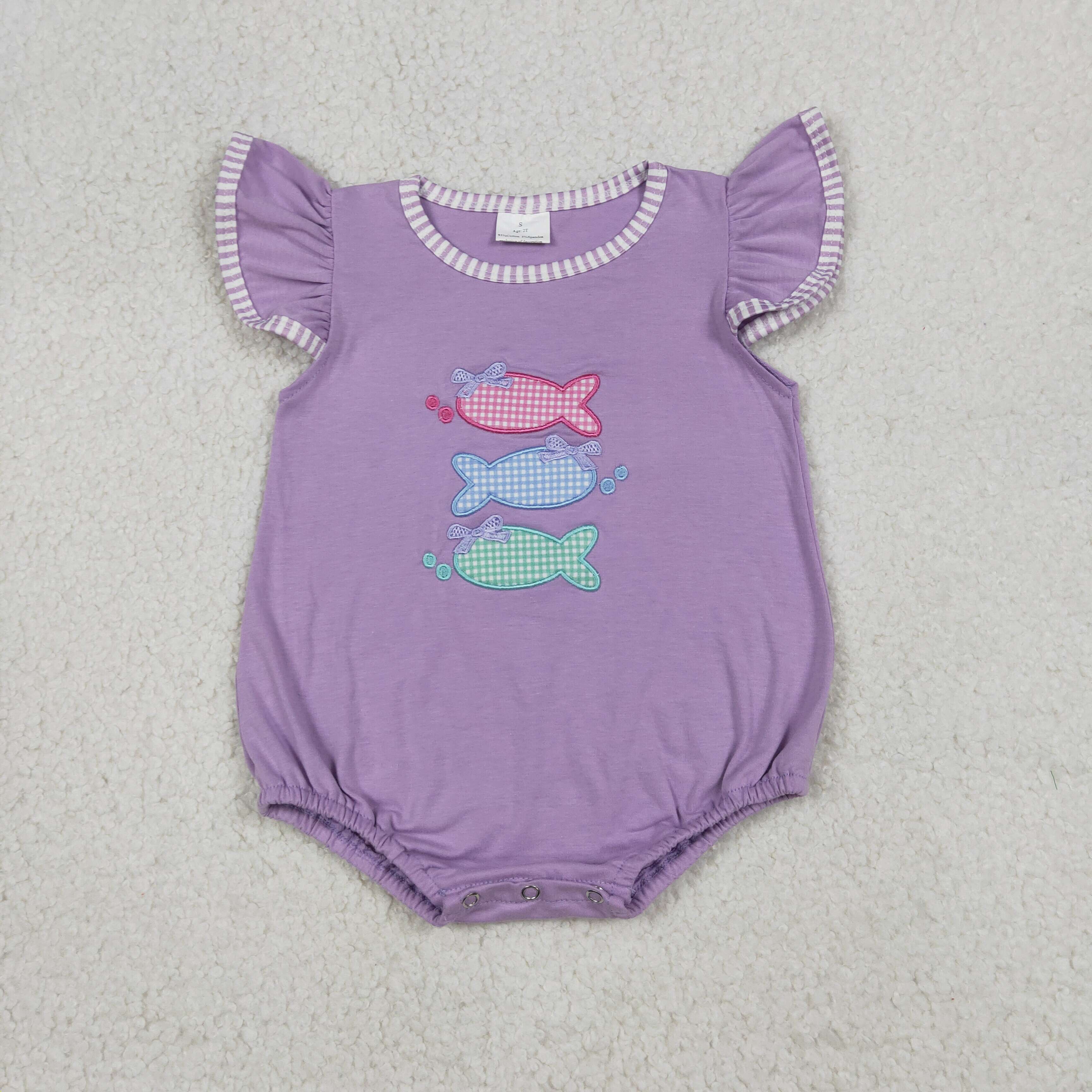SR4006   Baby Girls Purple fishes applique short sleeve Rompers