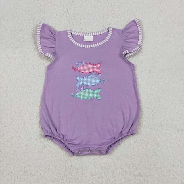 SR4006   Baby Girls Purple fishes applique short sleeve Rompers