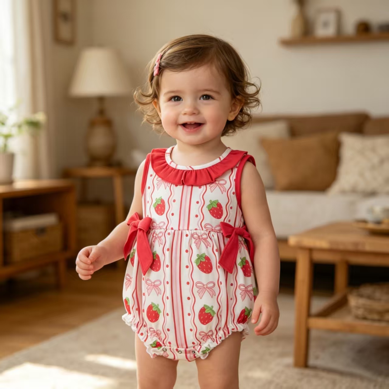 SR4011 Baby Girls Strawberry bows print girl sleeveless Rompers