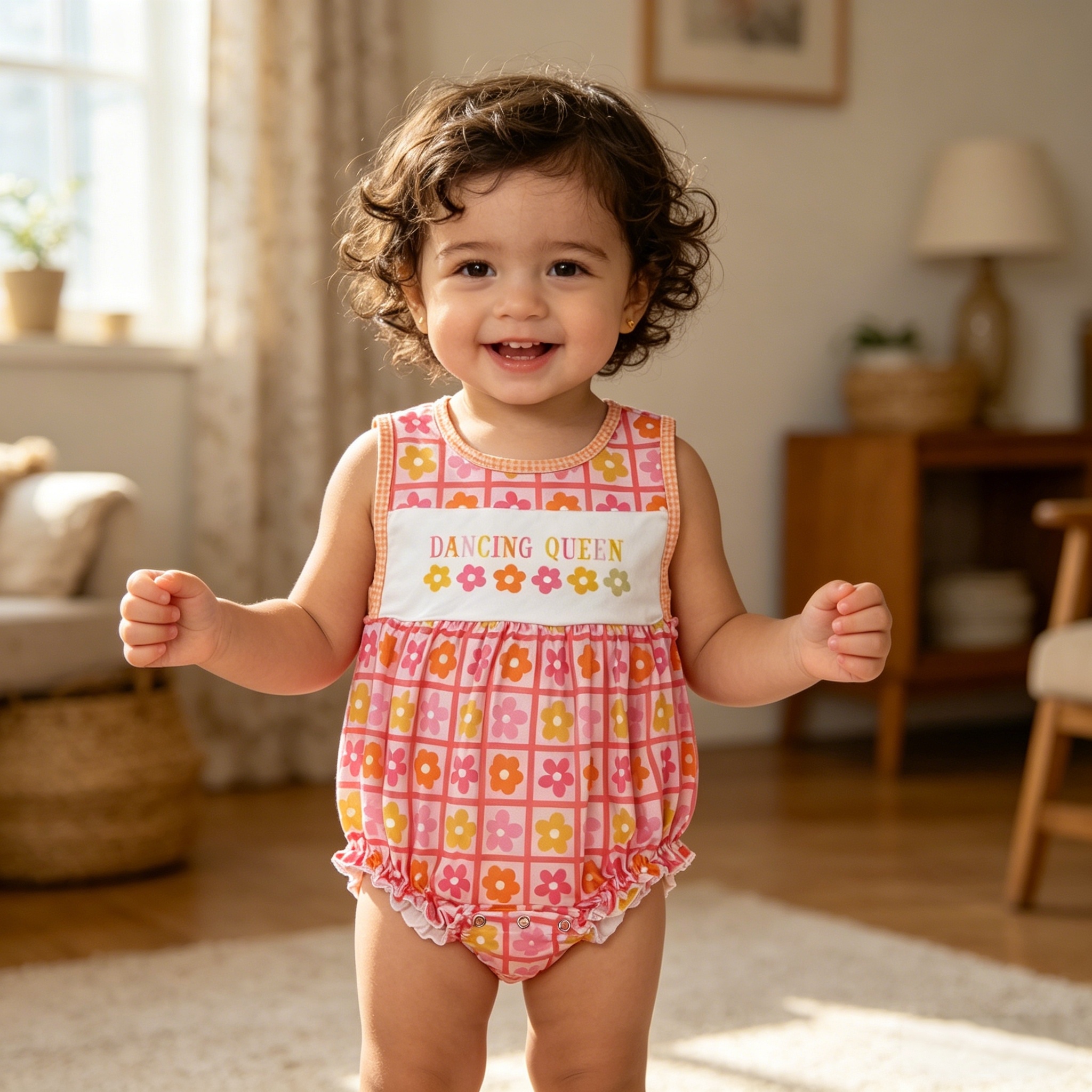 SR4018 Baby Girls Flowers plaid dancing queen  print girl sleeveless Rompers