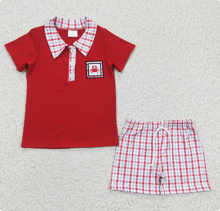 BSSO0106 Boy's red short-sleeved shirt and shorts set with embroidered crab