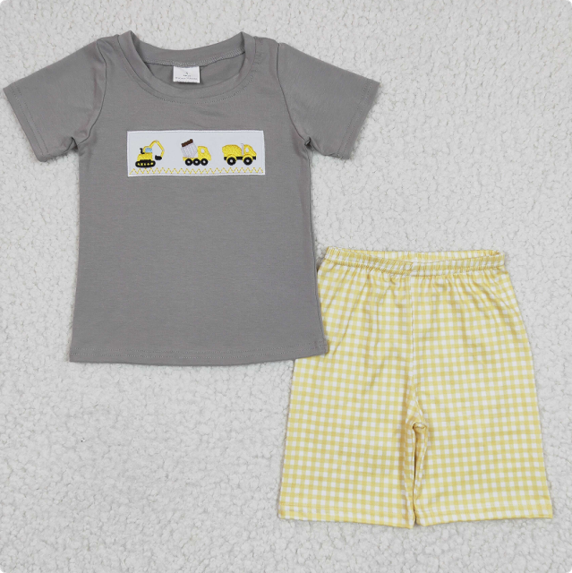BSSO0124 Boy's Embroidered Construction Vehicle Gray Short-Sleeve Shirt and Yellow Shorts Suit