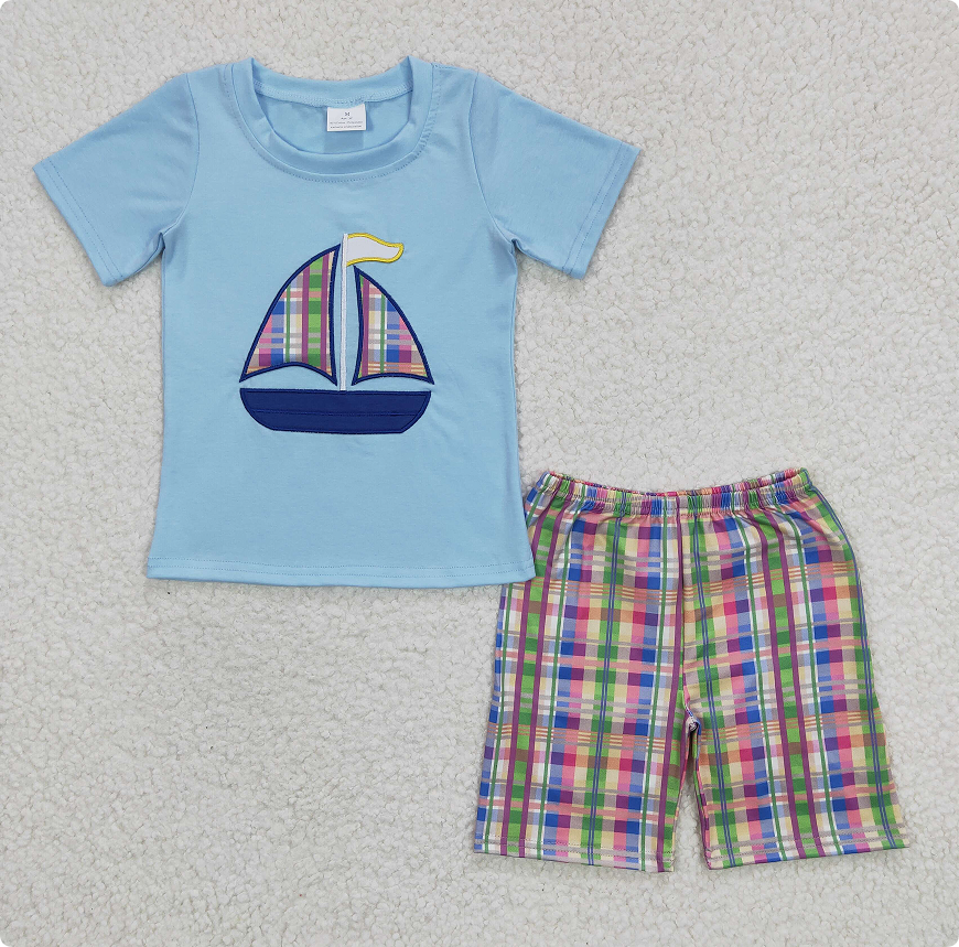 BSSO0127 Boy's blue short-sleeved plaid shorts suit with embroidered sailboat design.