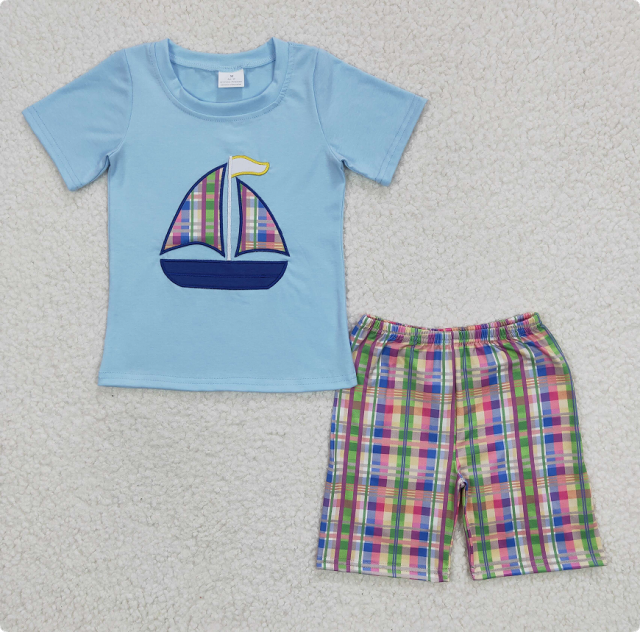 BSSO0127 Boy's blue short-sleeved plaid shorts suit with embroidered sailboat design.