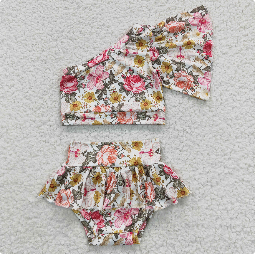 GBO0157 Floral White One-Sleeve Short-Sleeve Triangle Panty Set