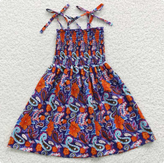 GSD0405 Navy blue and orange floral elastic waistband dress