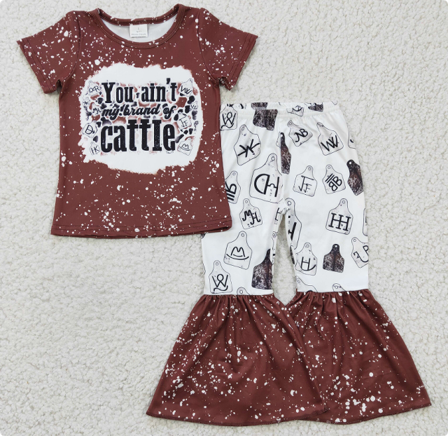 GSPO0355  Girl's Cattle symbol brown short-sleeved trouser suit