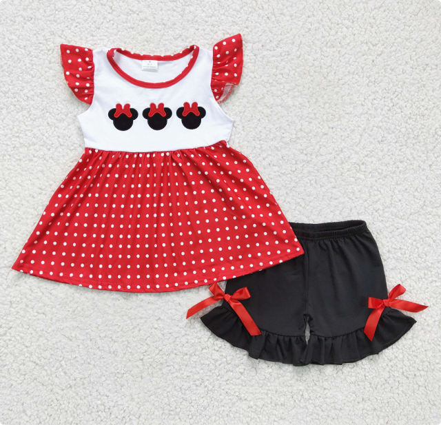 GSSO0130  Girl's Embroidered Red Flutter Sleeve Black Shorts Set