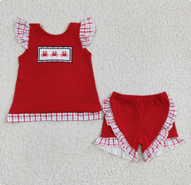 GSSO0142 Girl's Embroidered Crab Red Flutter Sleeve Shorts Set