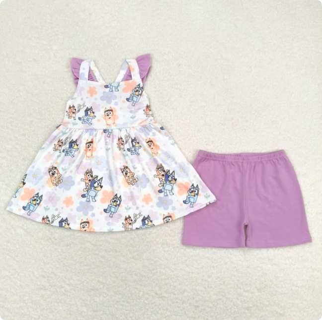 GSSO0998 Floral Purple Flutter Sleeve Shorts Set