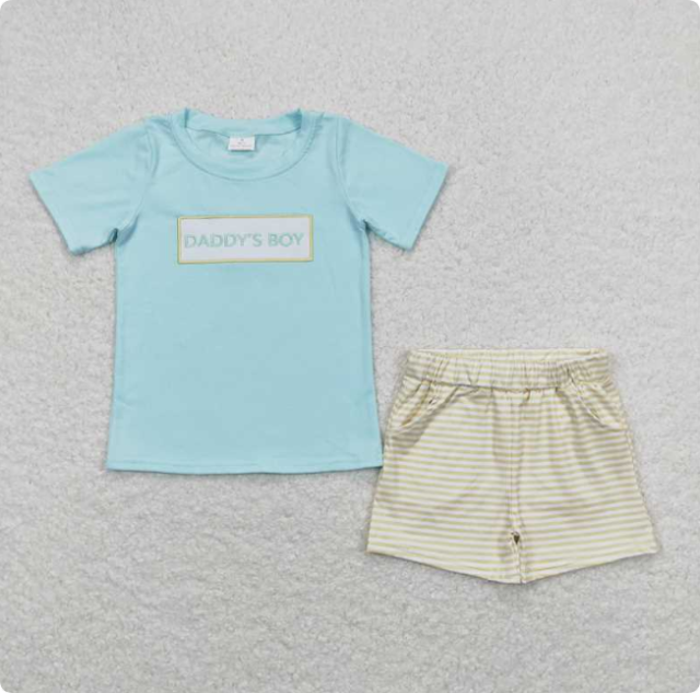 BSSO0522 daddy's boy embroidered letter blue short-sleeved shirt and yellow striped shorts set