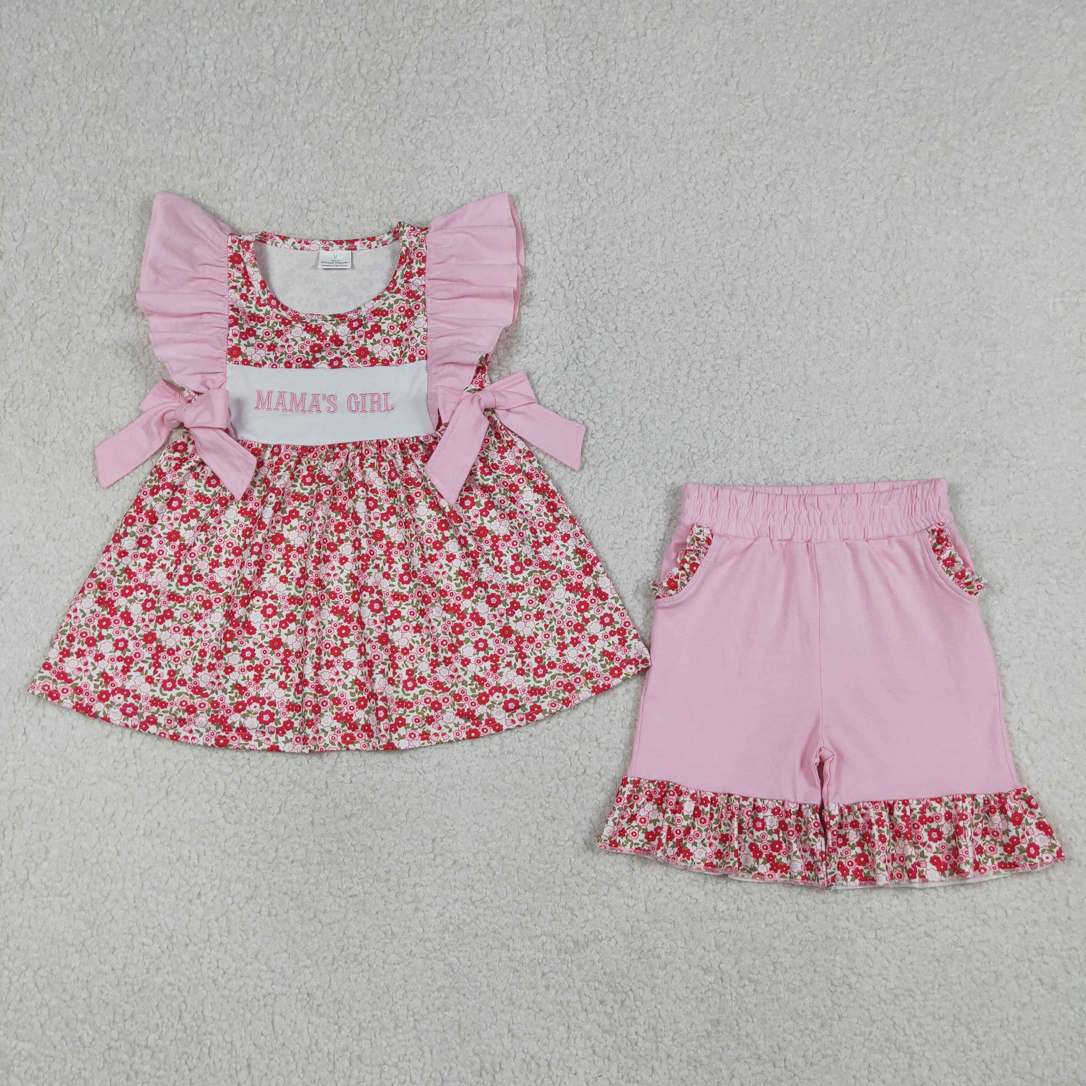 GSSO3131 RTS mama's girl flowers bows print  short sleeve outfits set