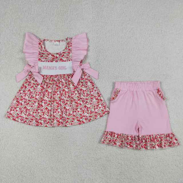 GSSO3131 RTS mama's girl flowers bows print  short sleeve outfits set