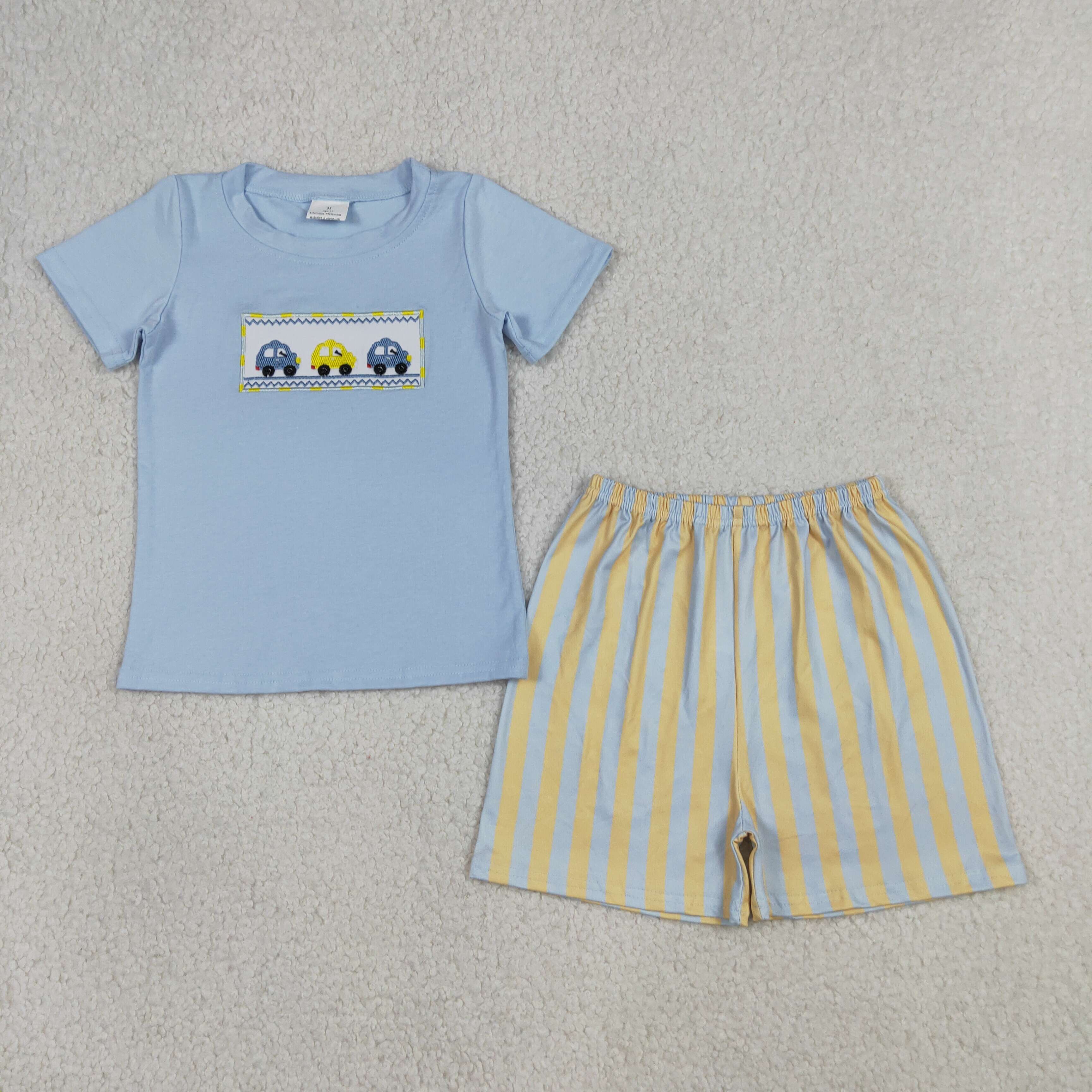 BSSO0617 RTS Blue cars embroidery short sleeve boy outfits