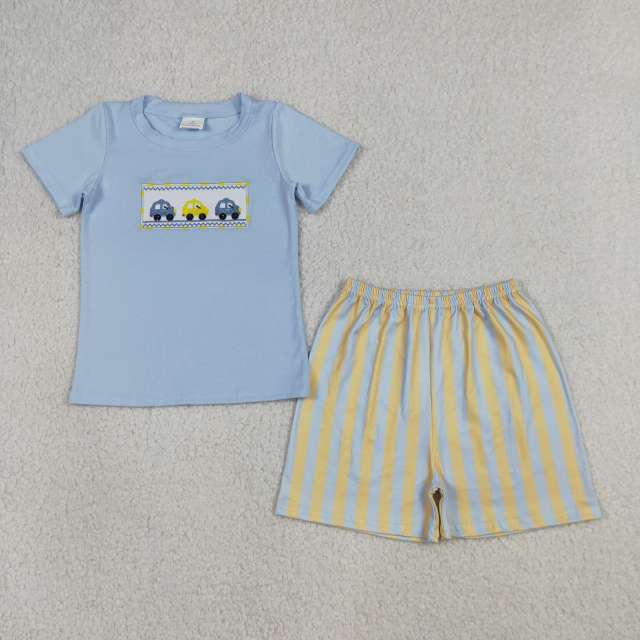BSSO0617 RTS Blue cars embroidery short sleeve boy outfits
