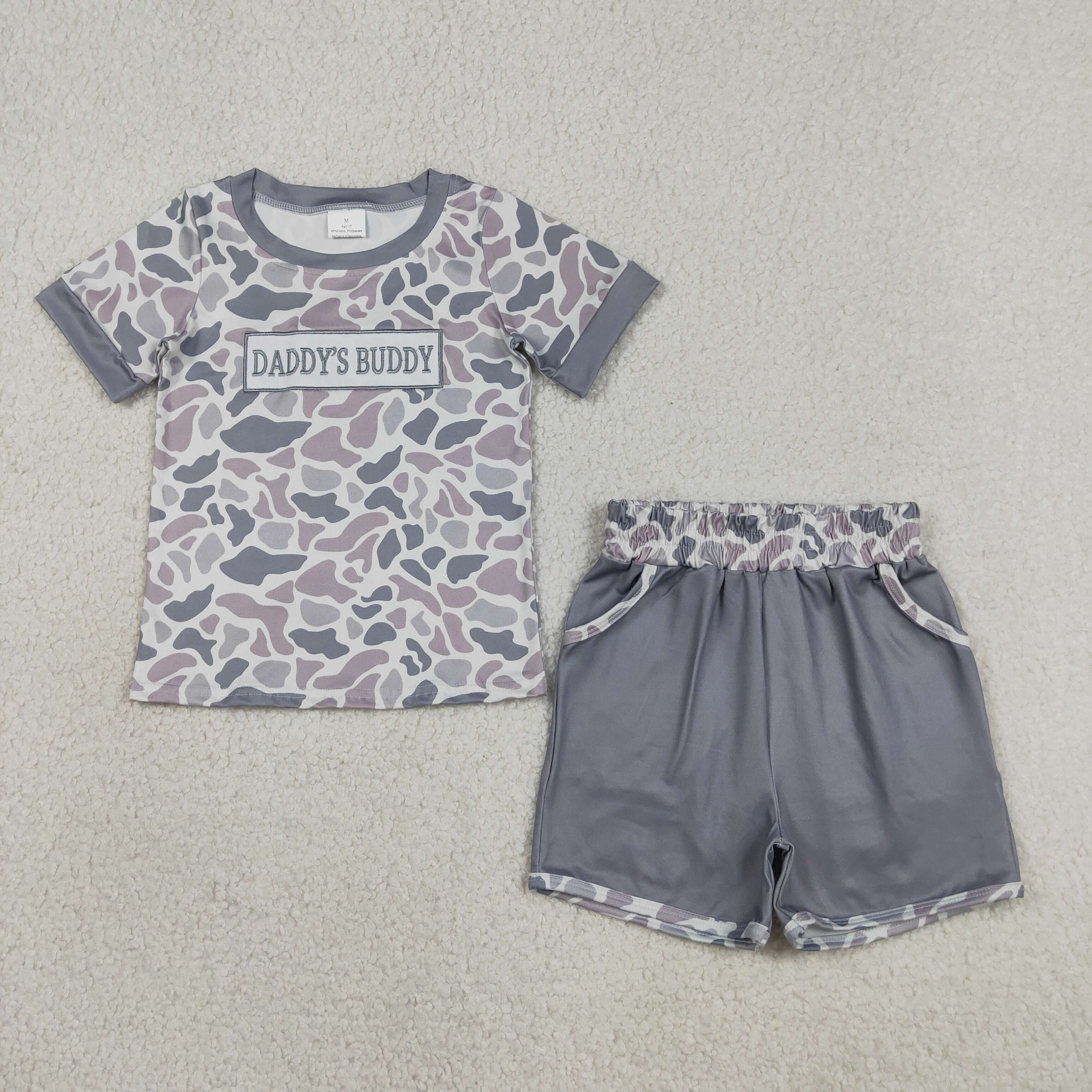 BSSO1838 RTS Grey camo daddy's buddy embroidery  short sleeve boy outfits