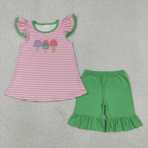 GSSO2349 RTS pink flowers stripe Ice scream embroidery short sleeve outfits set