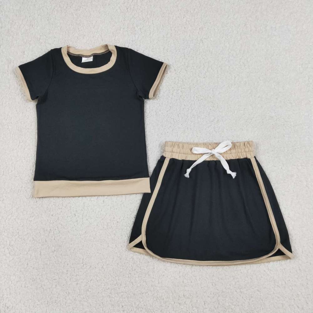 GSD3923 RTS black solid print short sleeve skirt set
