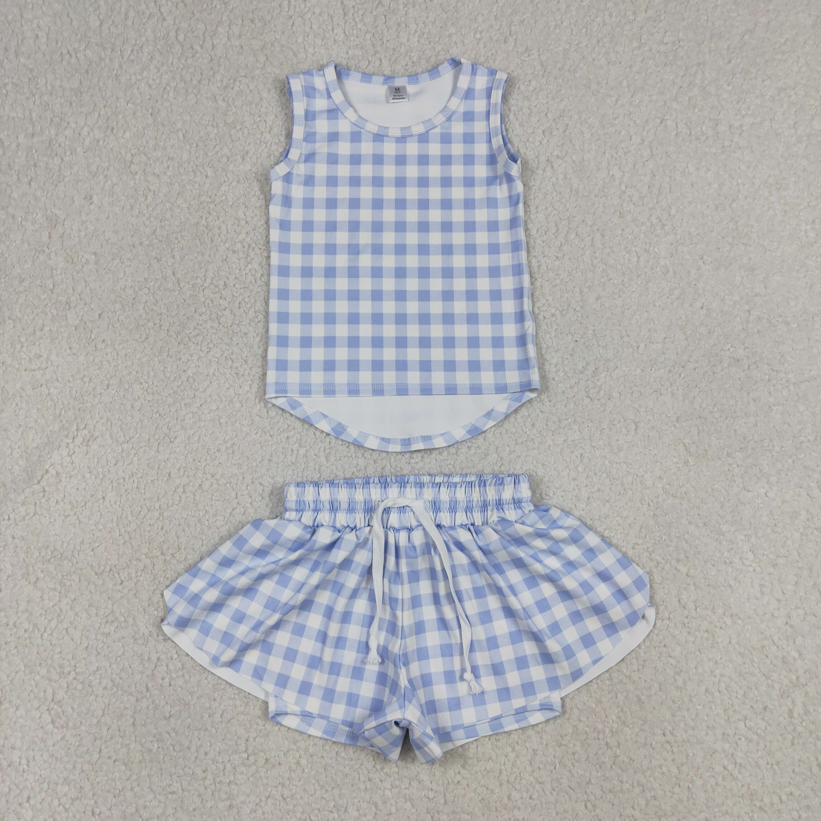 GSD3479  RTS Blue plaid print  girl yoga sleeveless skirt set