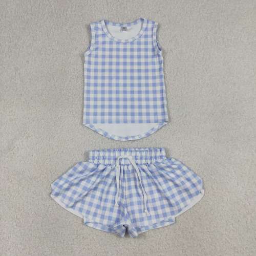 GSD3479  RTS Blue plaid print  girl yoga sleeveless skirt set