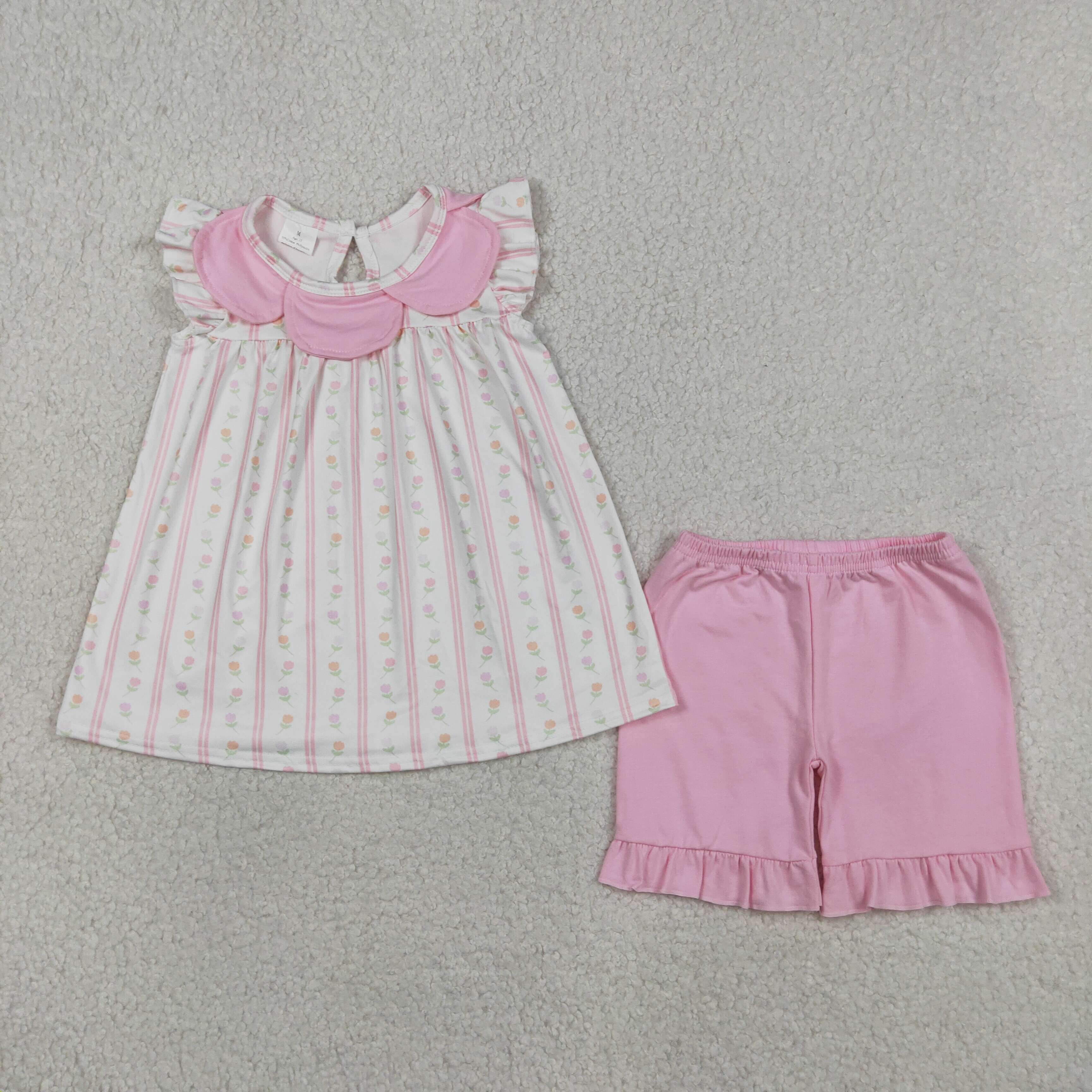 GSSO3363 RTS pink flowers stripe  print  short sleeve outfits set