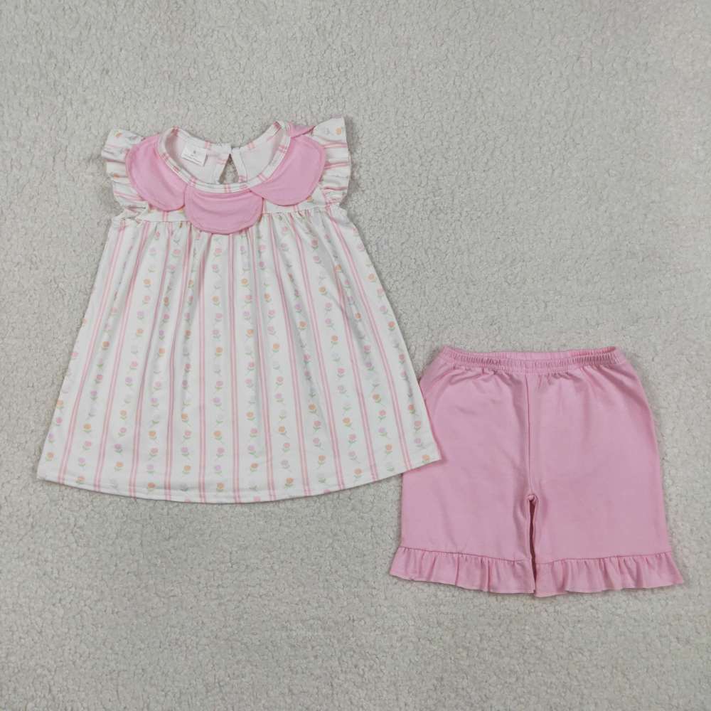 GSSO3363 RTS pink flowers stripe  print  short sleeve outfits set