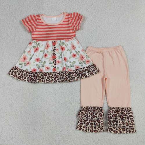 GSPO1044 RTS Orange stripe flowers print  short sleeve outfits set