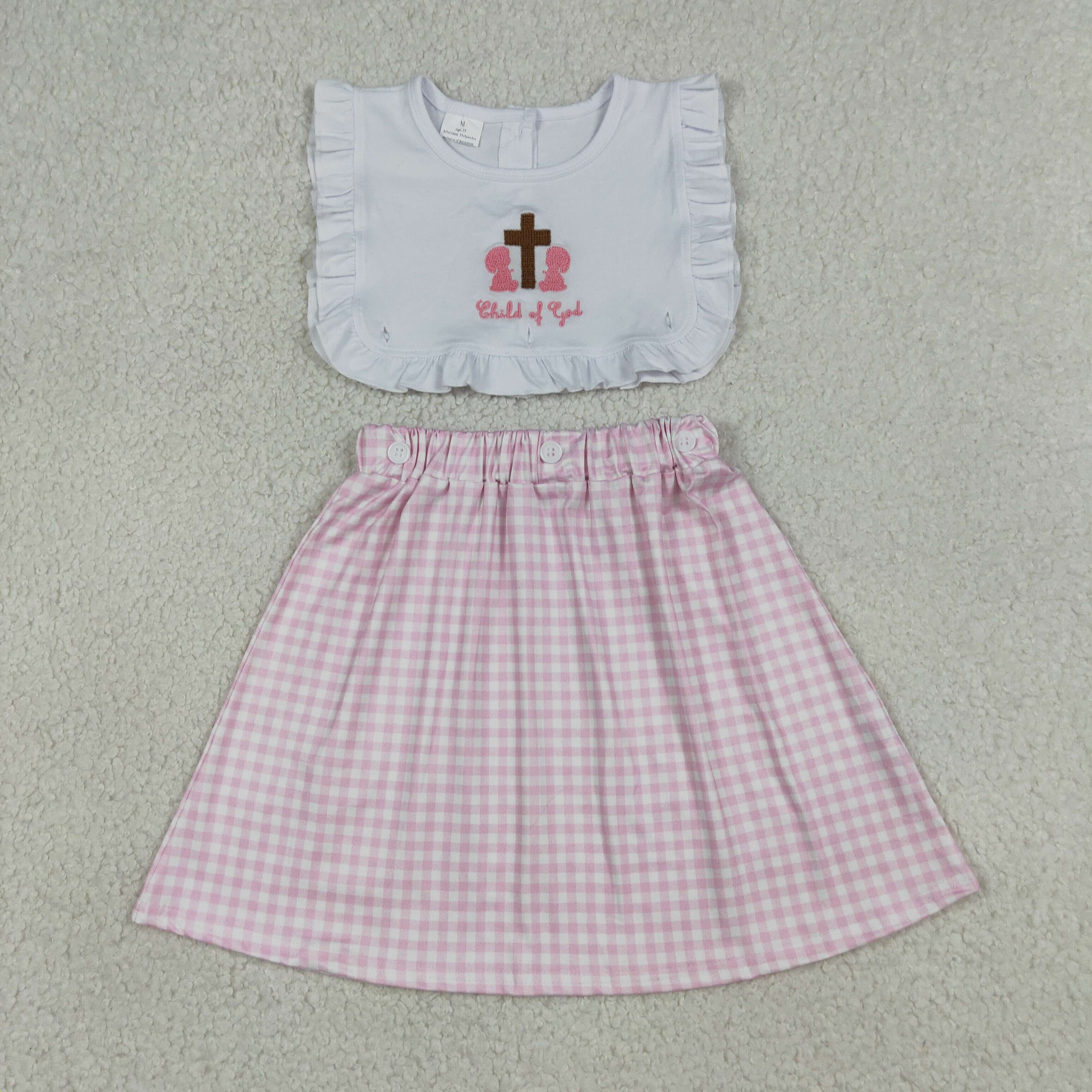 GSD3201  RTS Pink plaid cross child of god embroidery sleeveless dress