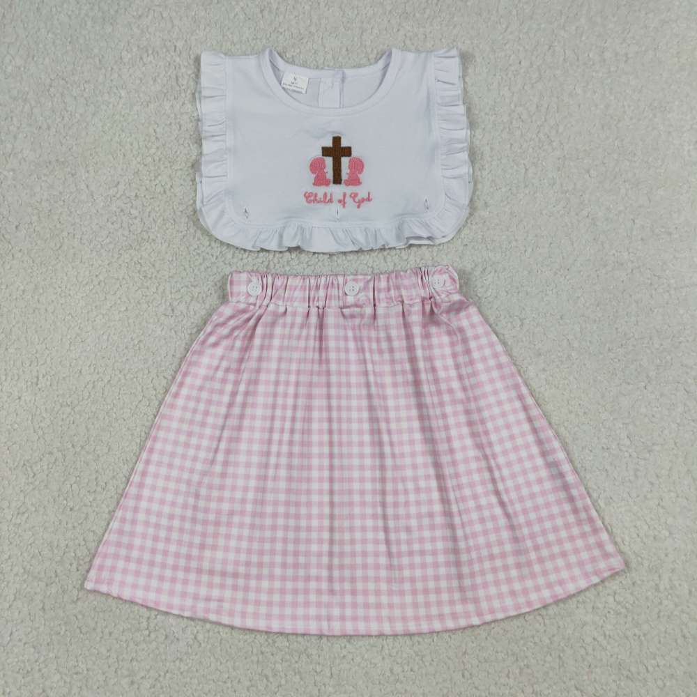 GSD3201  RTS Pink plaid cross child of god embroidery sleeveless dress