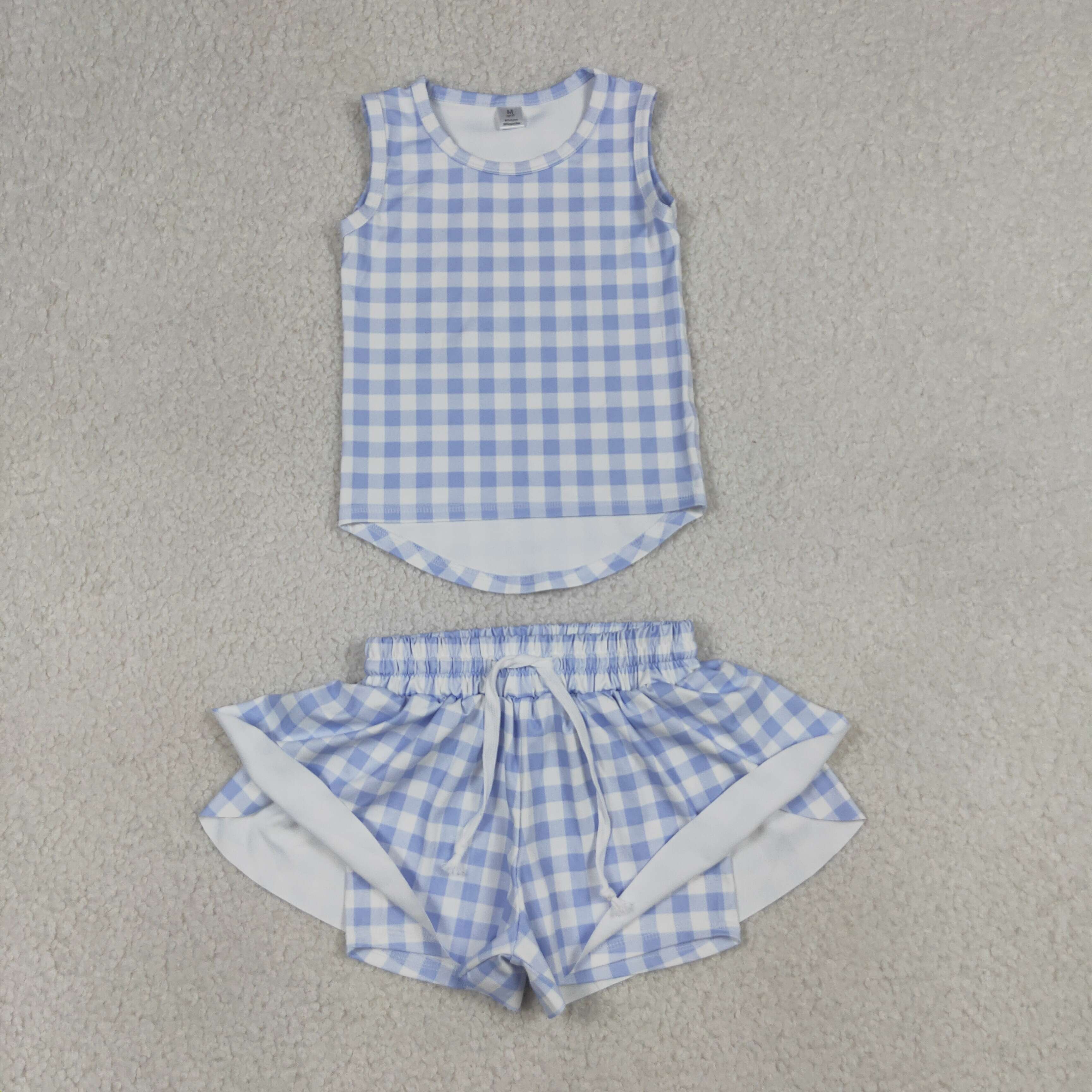 GSD3479  RTS Blue plaid print  girl yoga sleeveless skirt set