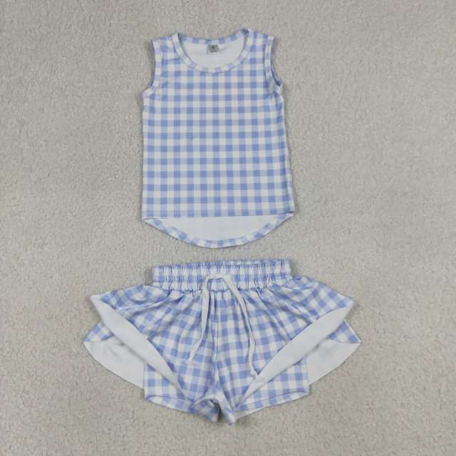 GSD3479  RTS Blue plaid print  girl yoga sleeveless skirt set