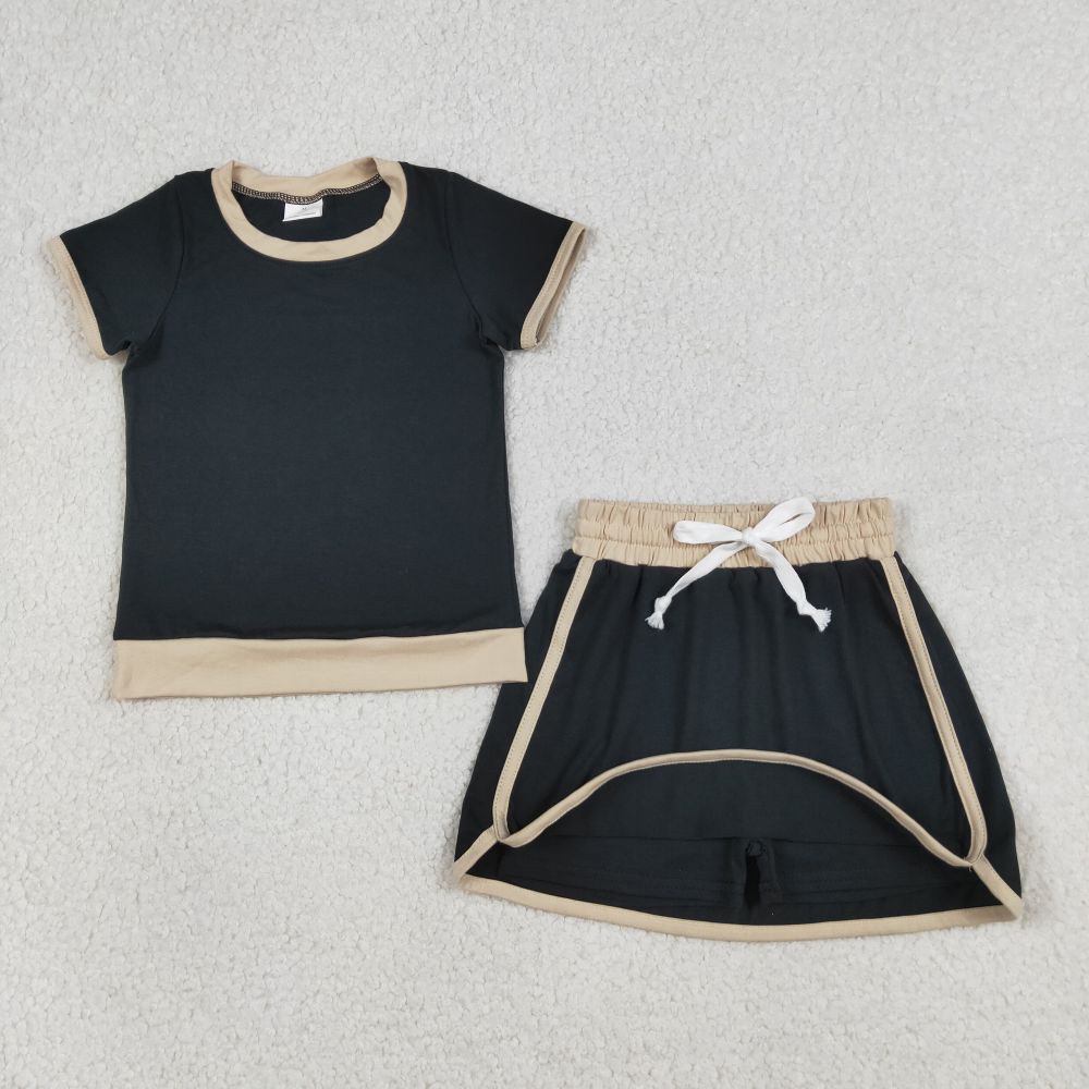 GSD3923 RTS black solid print short sleeve skirt set