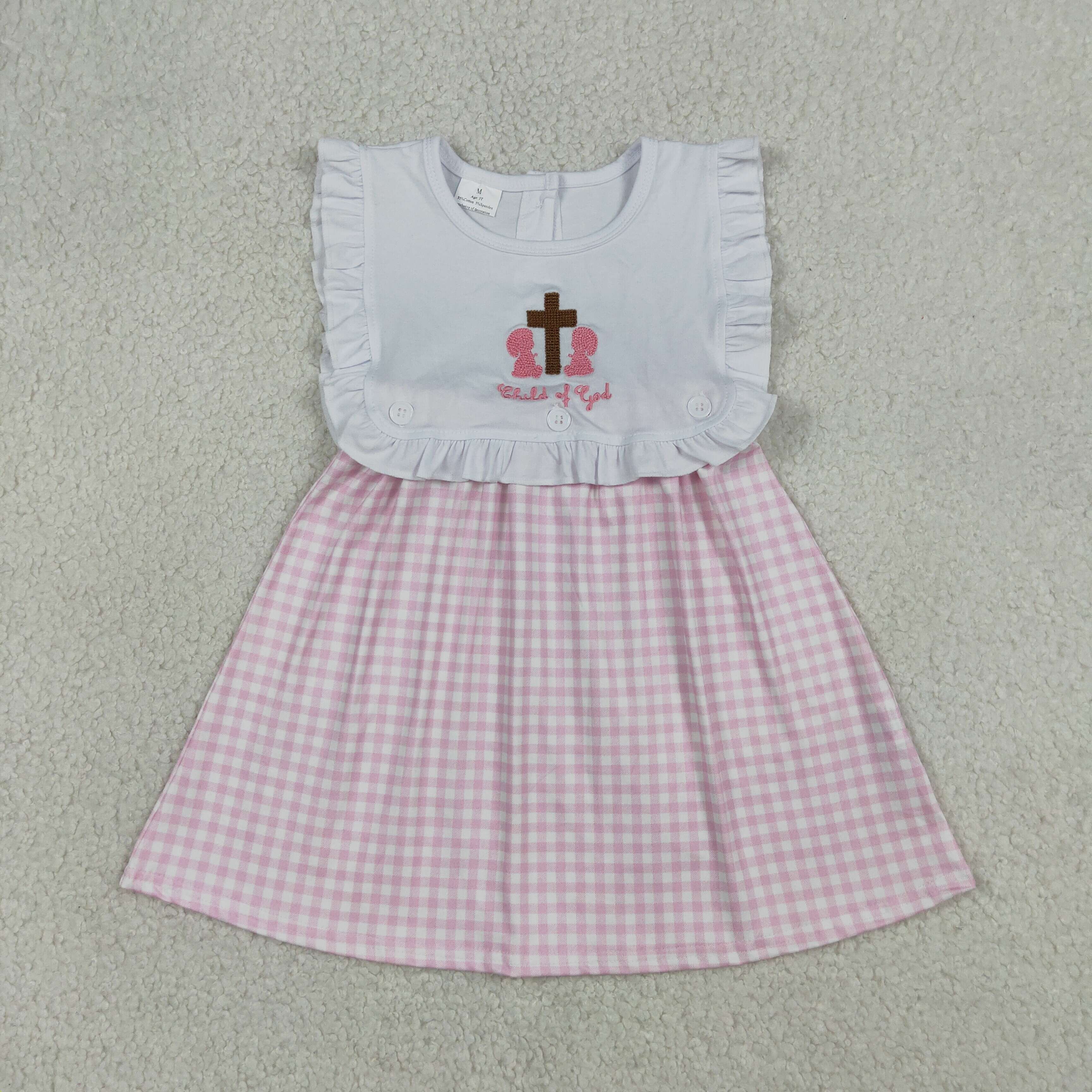 GSD3201  RTS Pink plaid cross child of god embroidery sleeveless dress