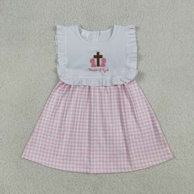 GSD3201  RTS Pink plaid cross child of god embroidery sleeveless dress